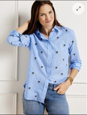 Talbots Lightweight Longsleeve Cotton Shirt With Allover Palm Tree Embroidery